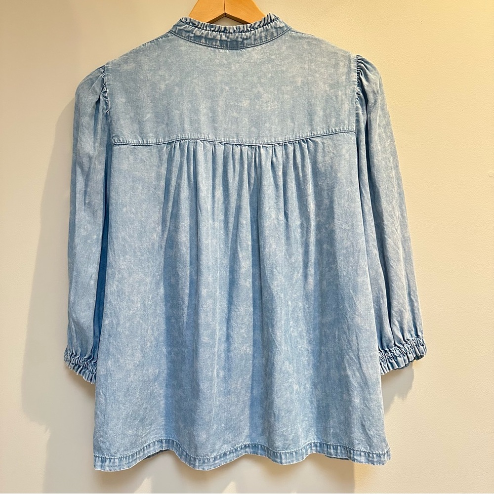 Jane & Delancey Chambray Look Ruffle‑Sleeve Blouse Women’s XS | Denim Top - Picture 9 of 14